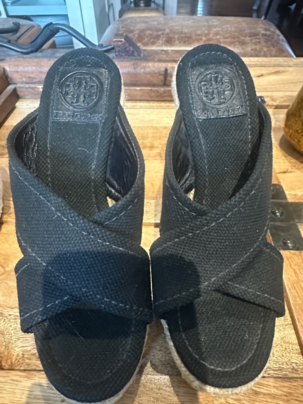 Tory Burch Black Canvas Crisscross Espadrille Wedge Sandals